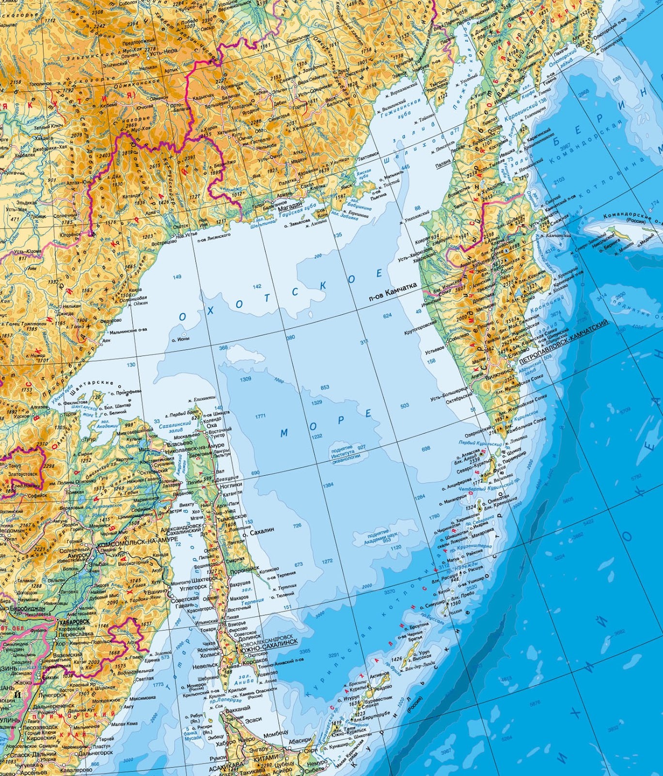 Какой полуостров находится восточнее остальных. Камчатка Охотское море карта. Дальний Восток Охотское море. Охотское море тихий океан. Охотское море на карте.