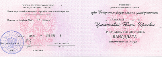 Diploma of Candidate of Technical Sciences